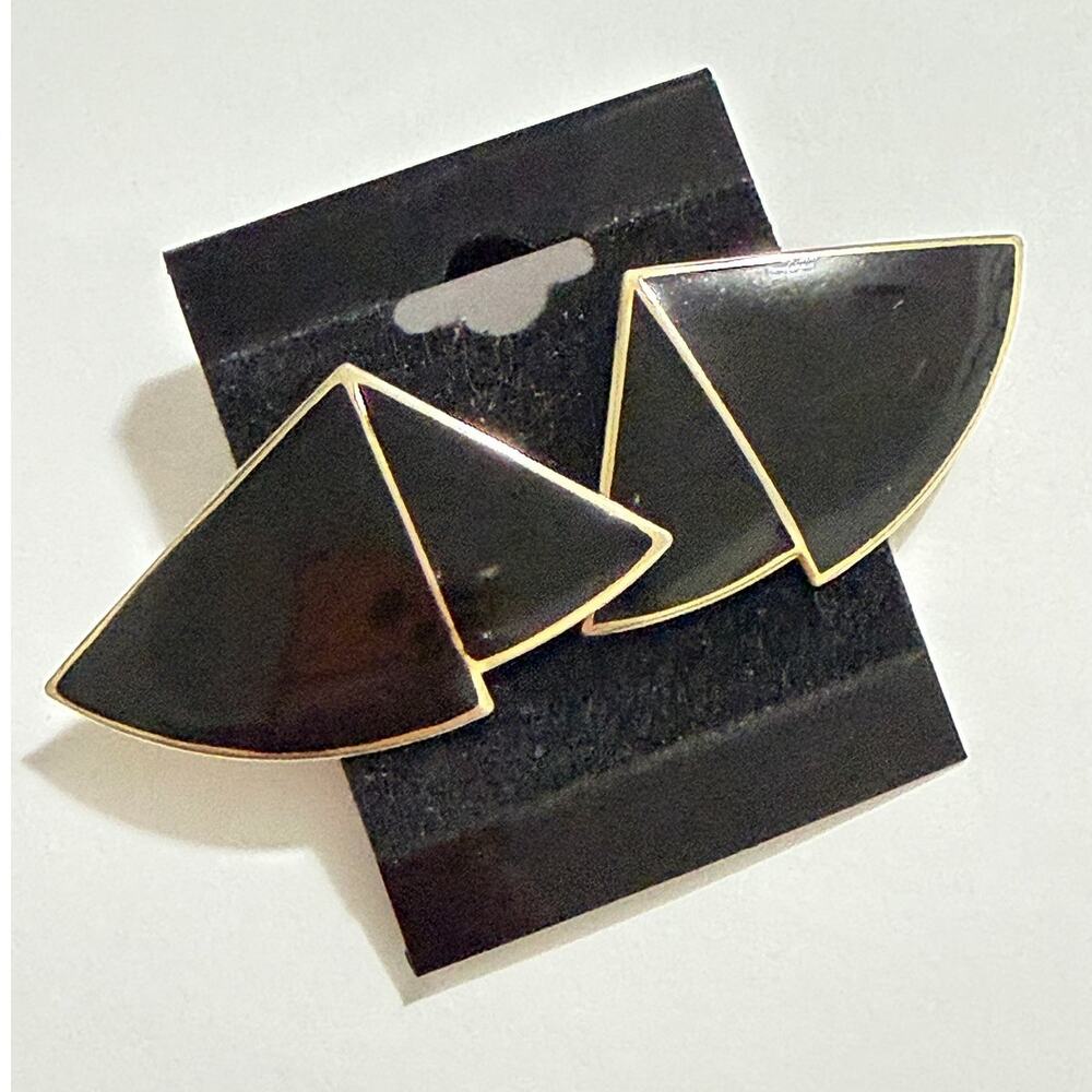 Vintage Black Enamel Fan Earrings Gold Tone Geometric Art Deco Style